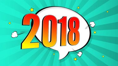 Yeni yıl pop sanat splash arka plan, patlama çizgi roman kitap tarzı. 2018 reklam tabela yarı ton noktaları ile tatil, kırmızı zemin üzerinde kirişler bulut. Vektör şablon için ad, kapakları, posterler