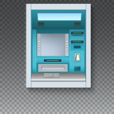 Banka para makine. ATM - otomatik vezne makinesi boş ekran ve şeffaf zemin üzerinde özenle çizilmiş ayrıntıları içerir. El ilanları, kapak, tanıtım veya poster için şablon