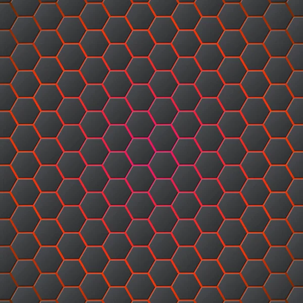 Honeycoms abstracto 3d telón de fondo hexagonal sin costura con luz azul de la electricidad. Hexagones metálicos sobre fondo rojo. Plantilla para portada, carteles, pancartas y otros — Vector de stock