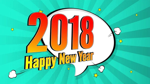 New Year pop art splash background, explosion in comics book style. 2018 holiday advertising signboard with halftone dots, cloud beams on red backdrop. Vector template for ad, covers, posters — Stock Vector