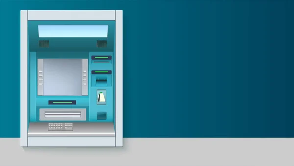 Bank bankautomata. ATM - bankautomata, üres képernyő, és gondosan rajzolt részletek fehér hátteret. Szórólapok, borító, prezentáció vagy poszter-sablon — Stock Vector