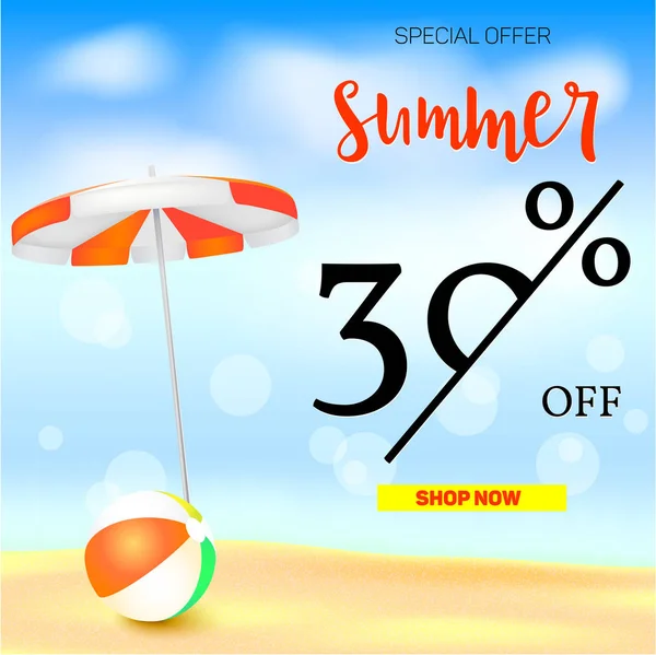 Selling ad banner, vintage text design. Thirty percent summer vacation discounts, The sandy beach background with sun umbrella and bouncy ball. Template for online shopping, advertising actions — Stock Vector