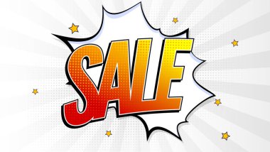 Satılık pop sanat splash arka plan, patlama çizgi roman kitap tarzı. Reklam tabela, fiyat indirimi, Satılık yarı ton noktaları, beyaz zemin üzerinde bulut kirişler ile. Vektör şablon için ad, kapakları, posterler