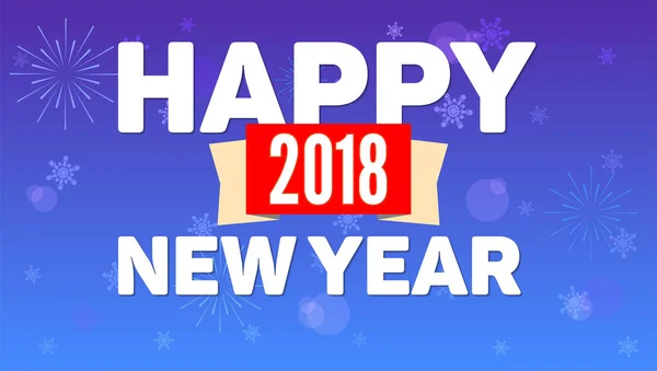 2018 Happy New Year greeting horizontal poster on night sky backdrop. Fireworks, snow-flakes on blue background. Paper design with small shadow. Greeting poster for your loved ones — Stock Vector