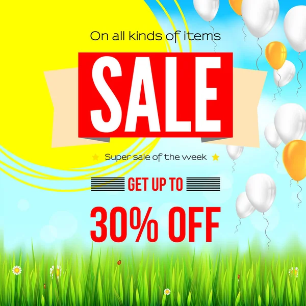 Banner de anúncio de venda de verão com balões coloridos infláveis. Trinta por cento de descontos de férias, venda de fundo sol amarelo, campo verde, nuvens brancas e céu azul. Modelo para compras, publicidade — Vetor de Stock