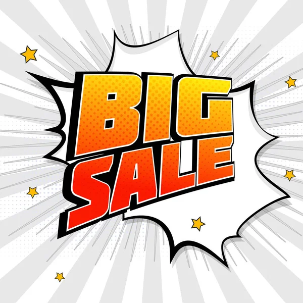 Big sale pop art splash background, explosion in comics book style. Advertising signboard, price reduction with halftone dots, cloud beams on transparent backdrop. Vector template for ad, or posters — Stock Vector