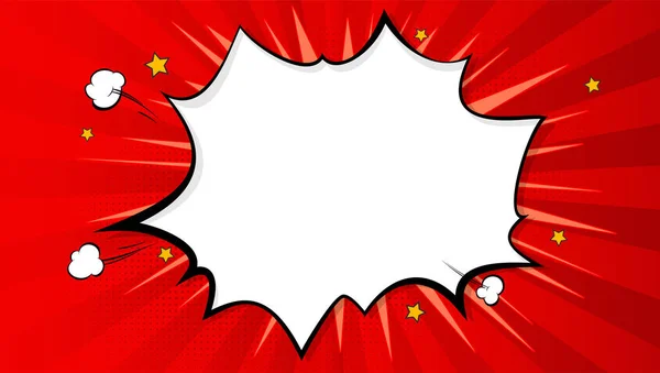 Pop art salpicadura de fondo, explosión en el estilo de cómic, plantilla de diseño en blanco con puntos de medio tono, vigas de nubes y patrón de puntos aislados en el fondo rojo. Plantilla vectorial para anuncios, portadas, carteles — Archivo Imágenes Vectoriales