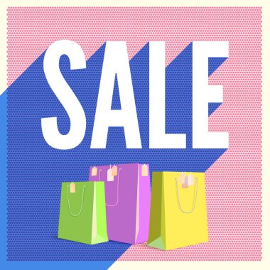 Yarı ton satış poster färgklickar uzun gölge ile gelen zemin üzerinde. Vintage, retro grafik ve etiketi ile alışveriş torbaları. Renkli promosyon afiş, poster tasarımı. Reklam banner, vintage tasarım satış