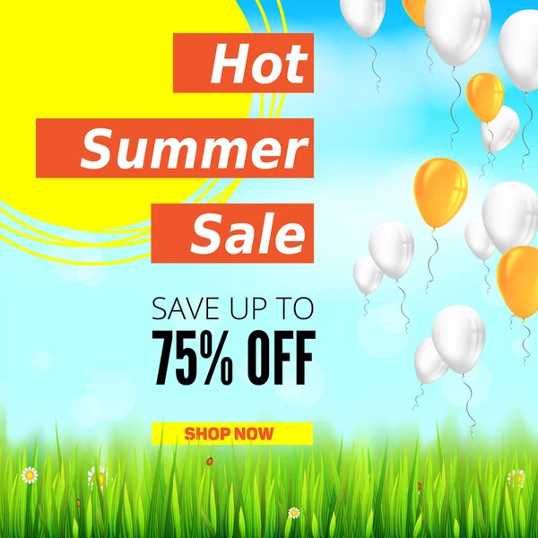 Sommer-Werbebanner mit aufblasbaren bunten Luftballons. 75 Prozent Rabatt, Verkaufshintergrund, gelbe Sonne, grünes Feld, weiße Wolken und blauer Himmel. Vorlage für Einkauf, Werbung — Stockvektor