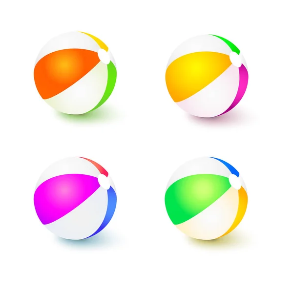 Un conjunto de bolas de playa inflables de colores. Bolas realistas tricolor con reflejos y sombras aisladas sobre fondo blanco. Ilustración 3D — Vector de stock
