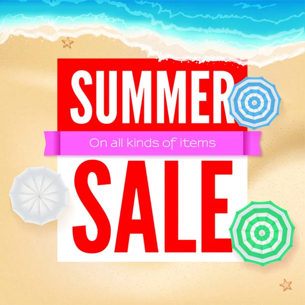 Πώληση καλοκαίρι, να πωλούν διαφημιστικό banner. Σχέδιο κειμένου με ομπρέλες. Καλοκαιρινές διακοπές εκπτώσεις, πώληση παρασκήνιο από την αμμώδη παραλία και την ακτή της θάλασσας. Πρότυπο για online ψώνια, διαφημιστικές ενέργειες — Διανυσματικό Αρχείο