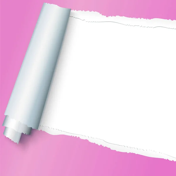 Papel aberto rasgado rosa realista com espaço para texto sobre fundo branco, buracos em papel. Tira rasgada de papel com arestas irregulares e rasgadas. Bobina rasgada tira de papel . — Vetor de Stock