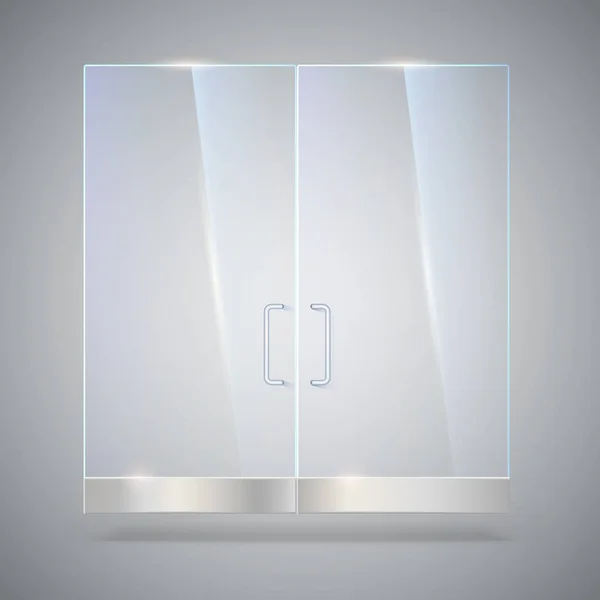 Γυάλινη πόρτα με αντανάκλαση και τις σκιές, απομονώνονται σε γκρι φόντο. Διάνυσμα 3d απεικόνιση. Διάφανη γυάλινη πόρτα, για εμπορικό κέντρο, πόρτα διαφανής μπουτίκ, κατάστημα, γραφείο γυάλινη πόρτα με μεταλλικές λαβές — Διανυσματικό Αρχείο