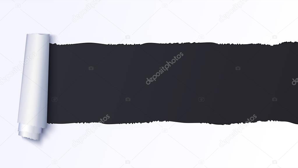 Realistic torn open paper with space for text on black background, holes in paper. Torn strip of paper with uneven, torn edges. Coiling torn strip of paper.