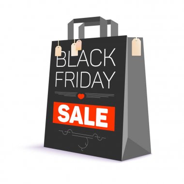 Reklam metin ile siyah kağıt alışveriş çantası. Siyah Cuma satış ve satın alma çanta üzerinde etiketleri. 3D çizim. Çevrimiçi alışveriş, reklam eylemler için şablon.