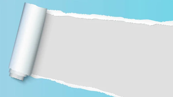 Realistisches, blau aufgerissenes Papier mit Platz für Text auf grauem Hintergrund, Löcher im Papier. zerrissene Papierstreifen mit ungleichmäßigen, abgerissenen Kanten. Aufwickeln zerrissener Papierstreifen. — Stockvektor