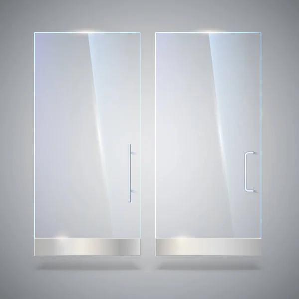 Porte vitrée avec réflexion et ombres, isolée sur fond gris. Illustration vectorielle 3D. Porte en verre transparent, pour magasin, centre commercial, porte de boutique transparente, porte en verre de bureau avec poignées en métal — Image vectorielle