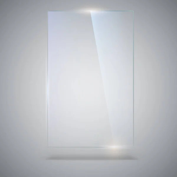 Blank, transparent vector glass plate. Vector template, vertical banner with copy-space. Photo realistic texture with highlights and glow on the background. See through the plastic, 3D illustration — Stock Vector