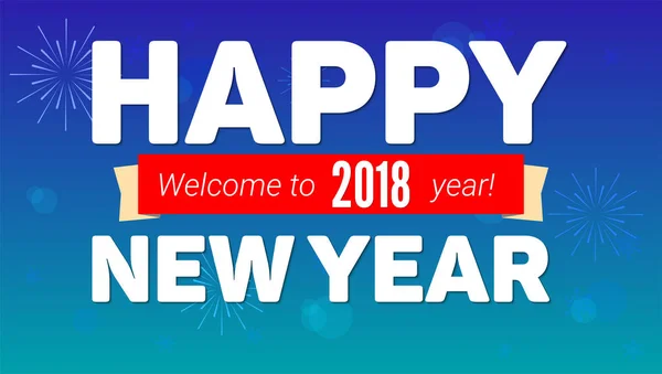 2018 Happy New Year greeting horizontal poster on night sky backdrop. Fireworks, snow-flakes on blue background. Paper design with small shadow. Greeting poster for your loved ones — Stock Vector