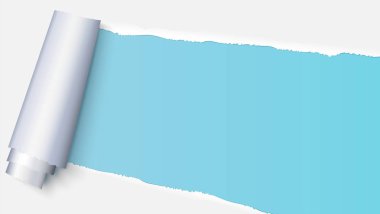 Realistic torn open paper with space for text on blue background, holes in paper. Torn strip of paper with uneven, torn edges. Coiling torn strip of paper. clipart