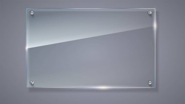 Boş, şeffaf vektör cam levha. Vektör şablon, boşluk ile yatay banner. Olayları ile gerçekçi doku fotoğraf ve arka plan üzerinde parlayan. Plastik 3d resimde görmek