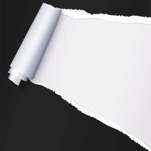 Papel abierto desgarrado negro realista con espacio para texto sobre fondo blanco, agujeros en papel. Tiras de papel rotas con bordes irregulares y rotos. Bobinado desgarrado tira de papel . — Archivo Imágenes Vectoriales