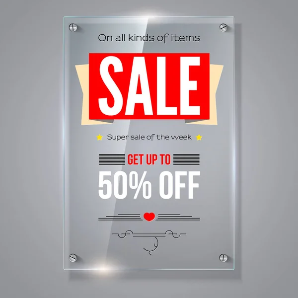 Fifty percent holiday discounts. Iformation on transparent vector glass plate. Calligraphic text on vertical selling ad banner. See through the 3D illustration, photo realistic texture — Stock Vector