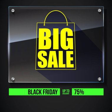 Siyah zemin üzerinde büyük satış metin afiş. Yazdırmak ve reklam ürünleri kullanmak hazır. Siyah Cuma eylem işareti ile cam plaka üzerinde alışveriş çantası için satış reklam afişi. 3D çizim