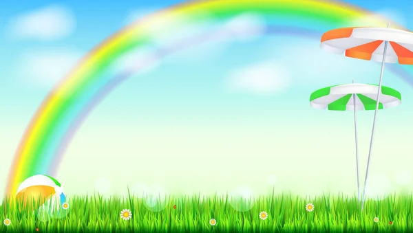 Fondo de verano. Gran arco iris brillante sobre el campo verde. Hierba jugosa, flores de margarita, mariquitas en la hierba en el telón de fondo del cielo azul con nubes. Paisaje con paraguas solar y bola inflable — Archivo Imágenes Vectoriales