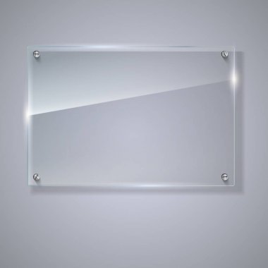 Boş, şeffaf vektör cam levha. Vektör şablon, boşluk ile yatay banner. Olayları ile gerçekçi doku fotoğraf ve arka plan üzerinde parlayan. Plastik 3d resimde görmek