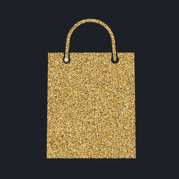 Ícone de saco de compras com efeito glitter, isolado em fundo preto. Ícone de esboço do saco de papel, pictograma vetorial. Símbolo de partículas de ouro poeira —  Vetores de Stock