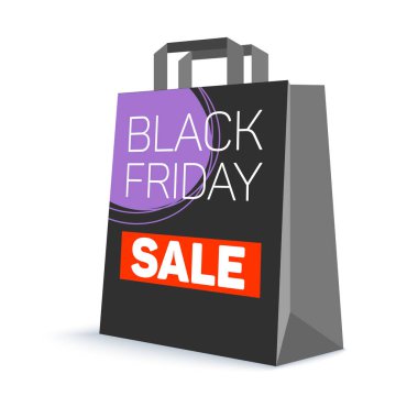 Reklam metin ile siyah kağıt alışveriş çantası. Siyah Cuma satış ve resmi tarih Pzr çanta satın almak için. 3D çizim. Çevrimiçi alışveriş, reklam eylemler için şablon.