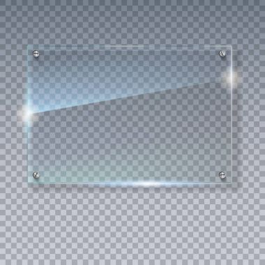 Boş, şeffaf vektör cam levha. Vektör şablon, boşluk ile mock-up banner. Olayları ile gerçekçi doku fotoğraf ve şeffaf üzerinde parlayan. Plastik 3d resimde görmek