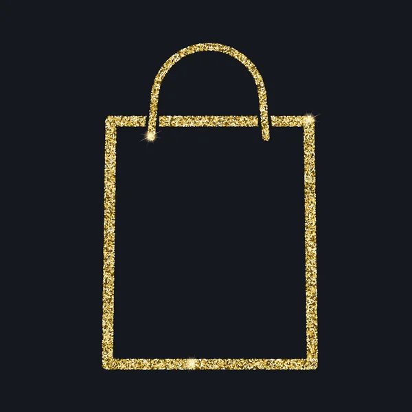 Icono de la bolsa de compras con efecto brillo, aislado sobre fondo negro. Icono del esquema de la bolsa de papel, pictograma vectorial. Símbolo del polvo de partículas doradas — Vector de stock