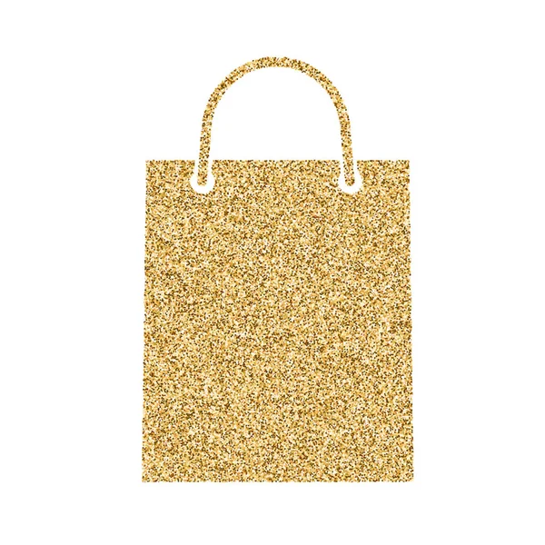Ícone de saco de compras com efeito glitter, isolado no fundo branco. Ícone de esboço do saco de papel, pictograma vetorial. Símbolo de partículas de ouro poeira — Vetor de Stock