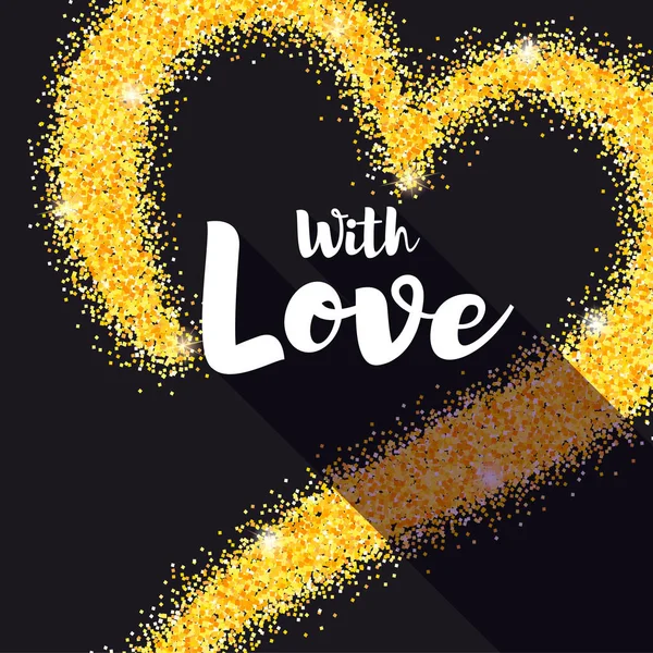 Hand-drawn golden heart with glitter. With Love poster for your loved ones. Shining dust, the shape of heart on black background. Vector template for t-shirts, prints, greeting cards or wedding cards — Stock Vector