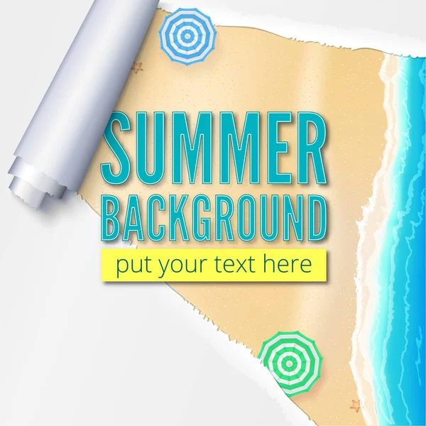 Sommerstrand mit Sand, Brandung und Sonnenschirmen. Hintergrund mit zerrissenem und verdrehtem Papier. Werbeplakat leer — Stockvektor