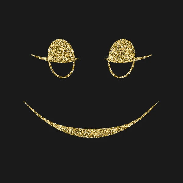 Icône souriante avec effet paillettes, isolée sur fond noir. Icône de contour du visage souriant, pictogramme vectoriel. Symbole de particules d'or poussière — Image vectorielle