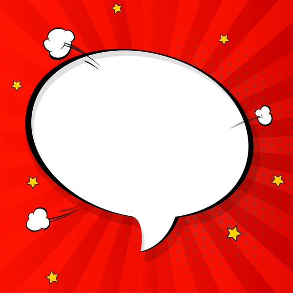 Burbuja de chat de arte pop en estilo de cómic, plantilla de diseño en blanco con puntos de medio tono, burbuja de voz cómica. Rayos de nubes y patrón de puntos aislados. Pensamientos burbuja en el estilo de los cómics de arte pop en rojo — Archivo Imágenes Vectoriales