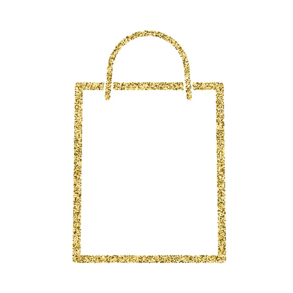 Borsa shopping icona con effetto glitter, isolata su sfondo bianco. Icona di contorno del sacchetto di carta, pittogramma vettoriale. Simbolo da polvere di particelle d'oro — Vettoriale Stock