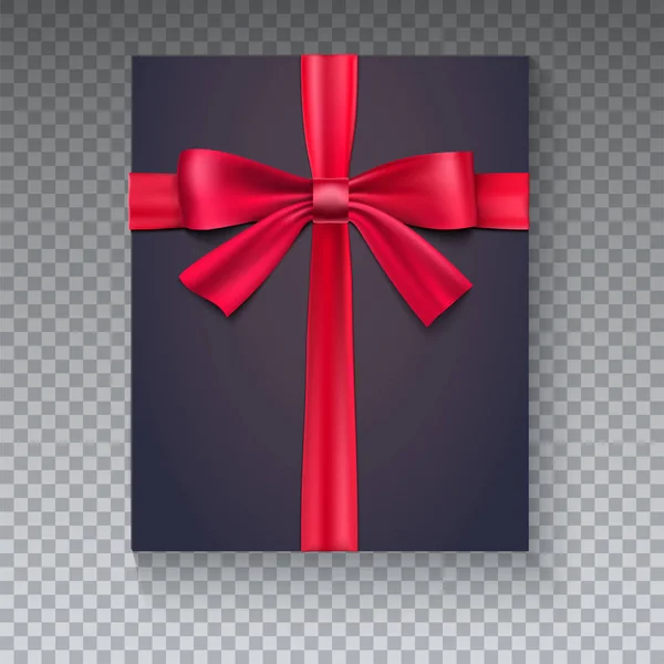 Zwarte geschenkdoos met rood lint geïsoleerd op transparante achtergrond, uitzicht op de top. Pictogram van de realistische zwart cadeau met strik, 3d illustratie. — Stockvector