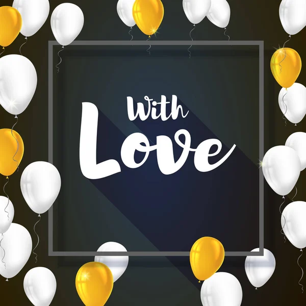 Greeting card with flying inflatable balloons and gray frame. Poster for Valentine s day for your loved ones. Vector template for t-shirts, prints, greeting cards, cover, banner or wedding cards — Stock Vector