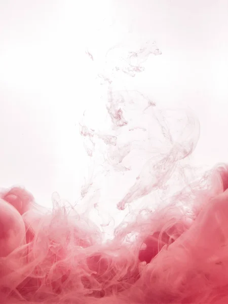 Ink swirl in water isolated on white background. The paint in the water. Soft dissemination a droplets of pink ink in water close-up. Abstract background. Explosion of splashes yellow acrylic ink