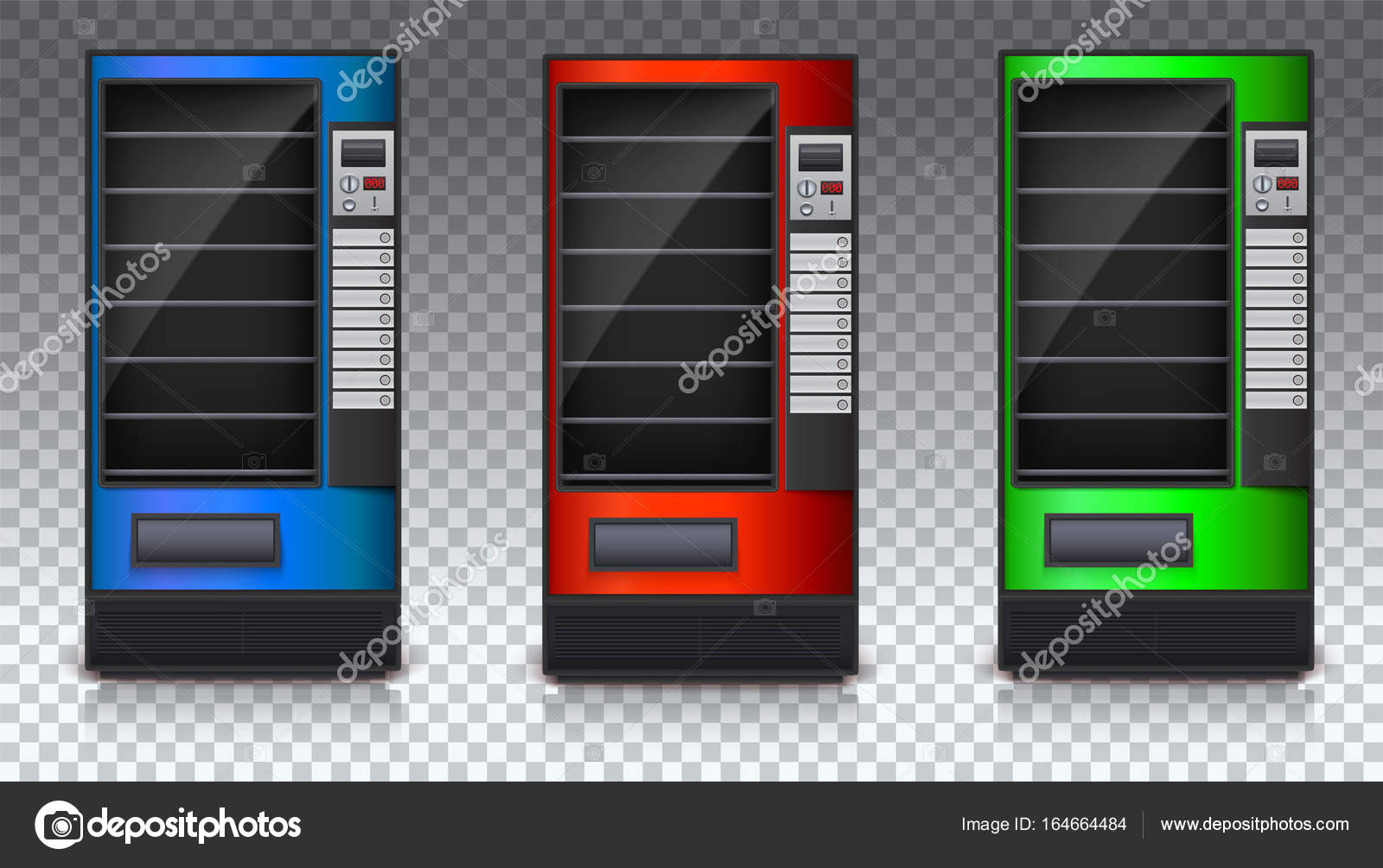 Download Vending Machine for snacks or soda, food and drink with empty shelves. Set of colored automat ...