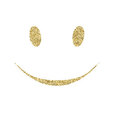 Simge glitter etkisi ile gülümseyen, beyaz arka plan üzerinde izole. Simge yüzü gülen, anahat, piktogram vektör. Altın parçacıkları toz sembolü