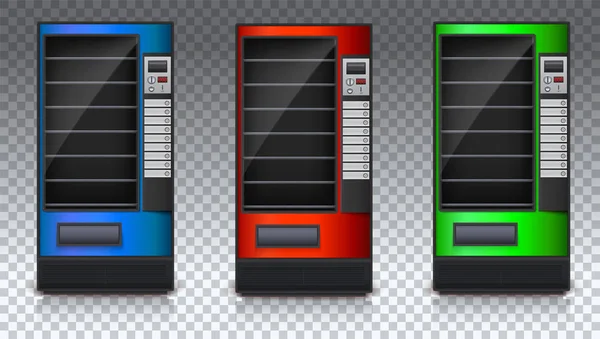 Automat na občerstvení nebo sody, jídlo a pití s prázdné police. Sada barevných automat. Automat, zelené, červené a modré barvy. 3D ilustrace izolované na průhledném pozadí. — Stockový vektor