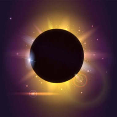 Güneş tutulması, astronomik fenomen - tam güneş tutulması. Bulanık ışık ışınları ve lens flare zemin. Parlama ışık efekti. Yıldız patlaması ile parıldıyor. Gezegen Eclipse Güneş kapsayan.
