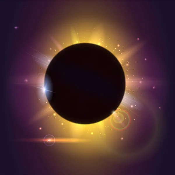 Ηλιακή έκλειψη, αστρονομικό φαινόμενο - έκλειψη πλήρη ήλιο. Θολή ακτίνες φωτός και το φόντο του φακού φωτοβολίδα. Ελαφρύ αποτέλεσμα λάμψη. Αστέρι έκρηξη με σπίθες. Ο πλανήτης που καλύπτει ο ήλιος σε έκλειψη. — Διανυσματικό Αρχείο