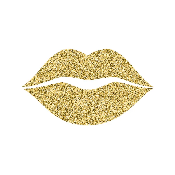 Icona labbra con effetto glitter, isolata su sfondo bianco. Icona della bocca, pittogramma vettoriale. Simbolo di bacio da polvere di particelle d'oro — Vettoriale Stock