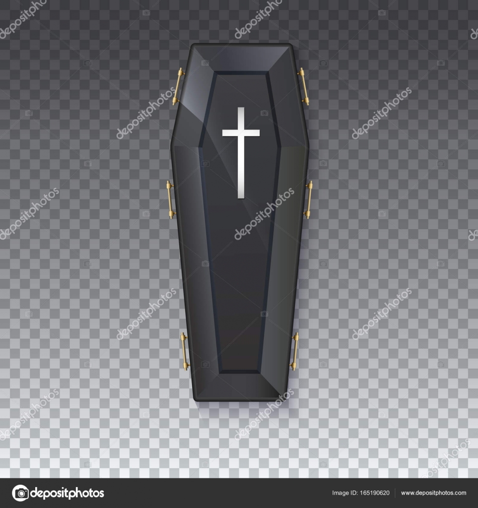 Coffin icon with a metal crucifix and handles on an isolated